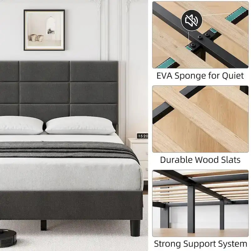 Linen Upholstered Bed Frame with Solid Wooden Slats