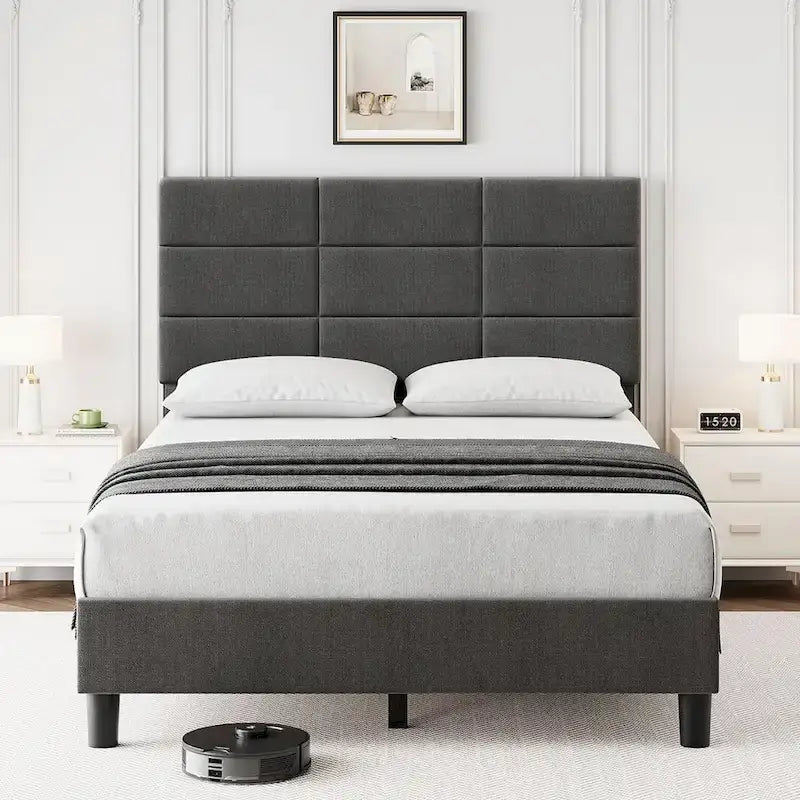 Linen Upholstered Bed Frame with Solid Wooden Slats