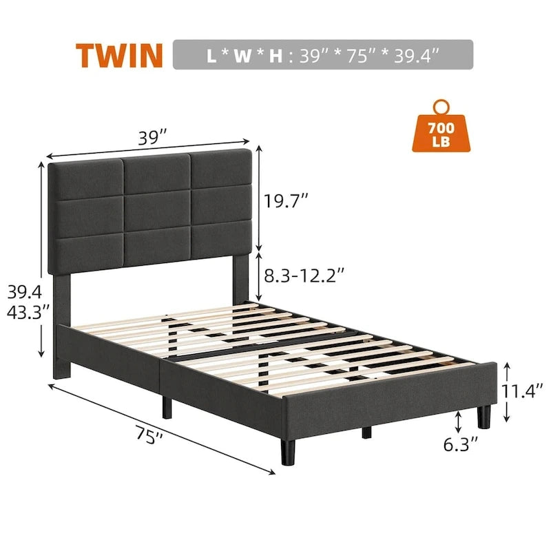 Linen Upholstered Bed Frame with Solid Wooden Slats