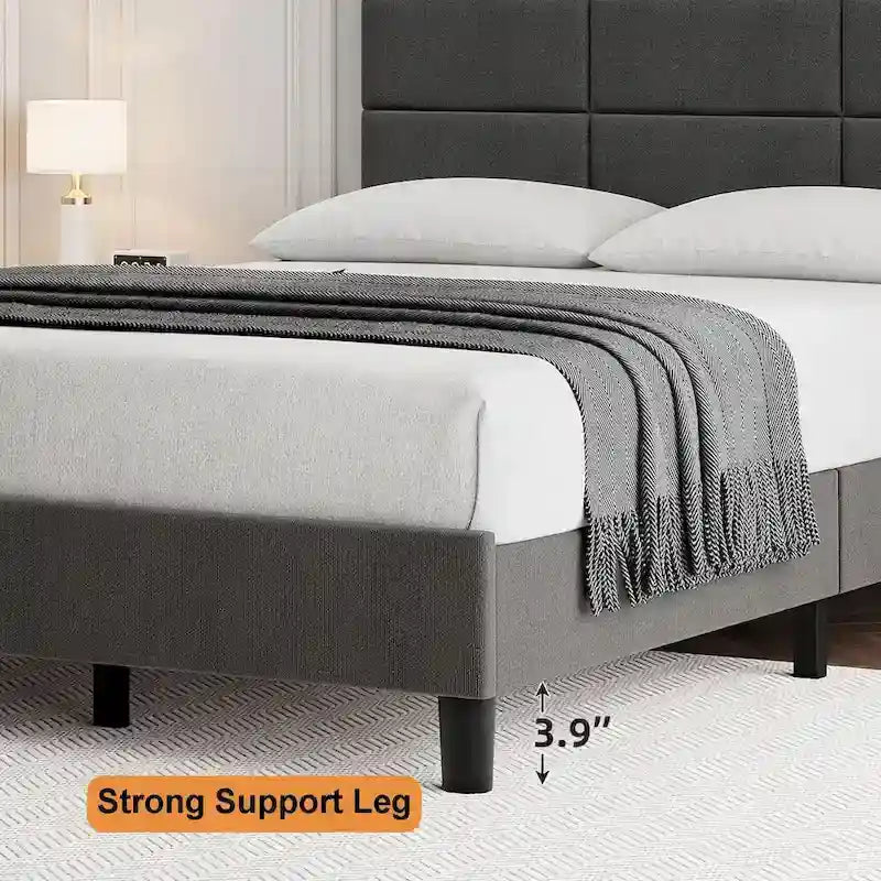 Linen Upholstered Bed Frame with Solid Wooden Slats