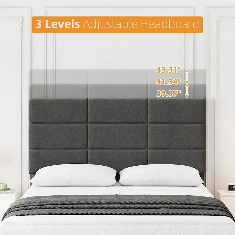 Linen Upholstered Bed Frame with Solid Wooden Slats