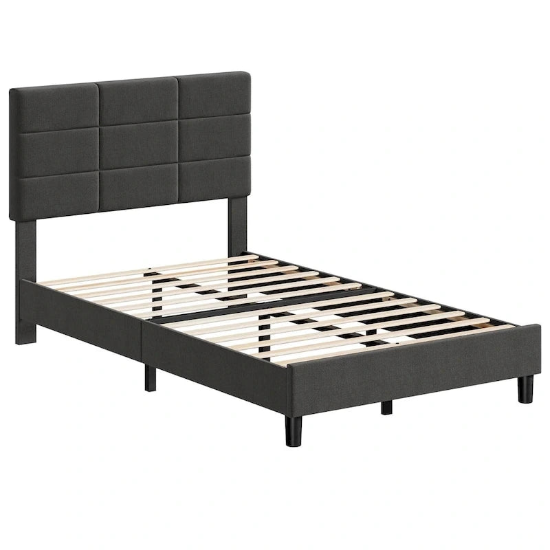 Linen Upholstered Bed Frame with Solid Wooden Slats