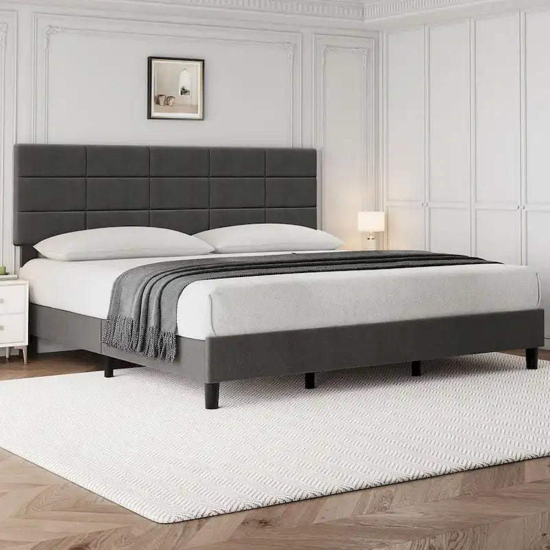Linen Upholstered Bed Frame with Solid Wooden Slats