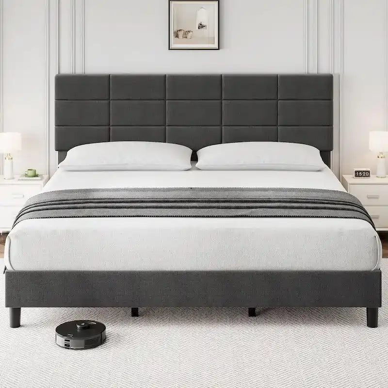 Linen Upholstered Bed Frame with Solid Wooden Slats