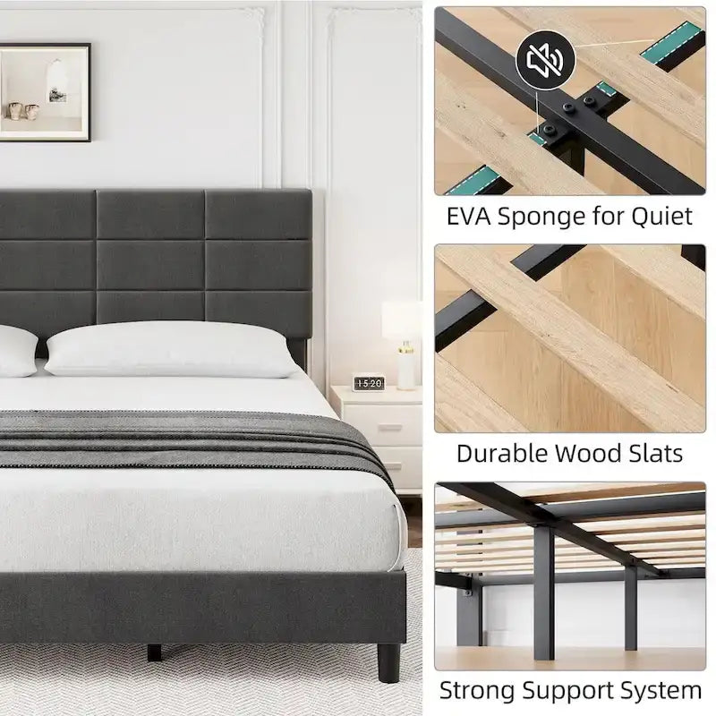 Linen Upholstered Bed Frame with Solid Wooden Slats