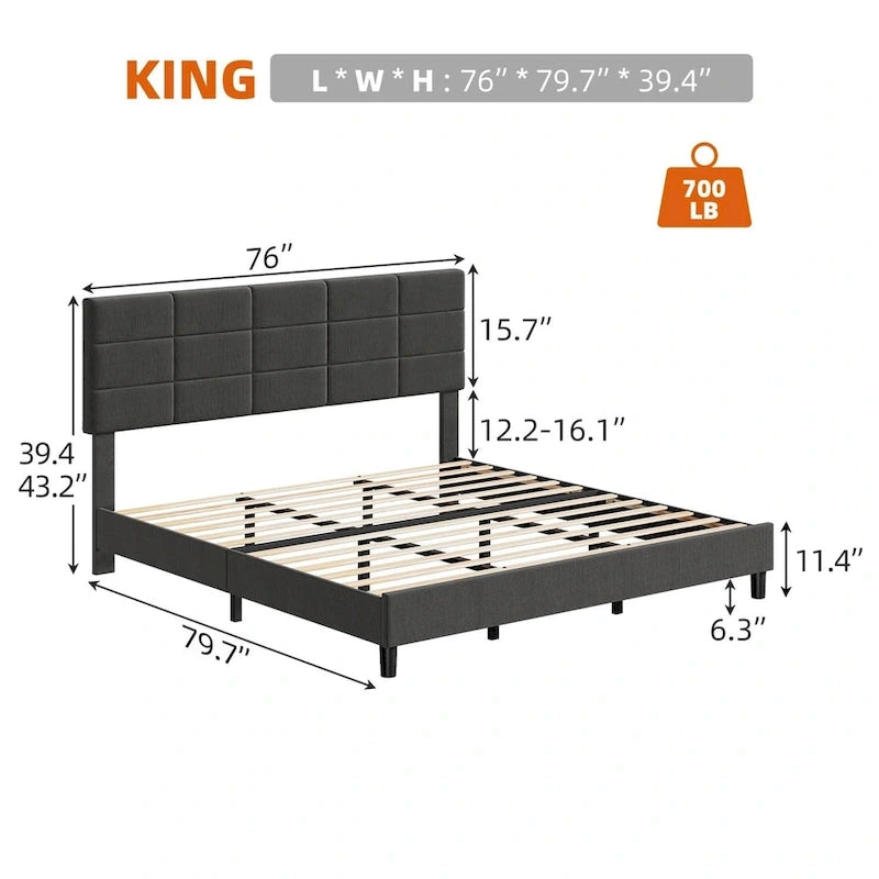 Linen Upholstered Bed Frame with Solid Wooden Slats