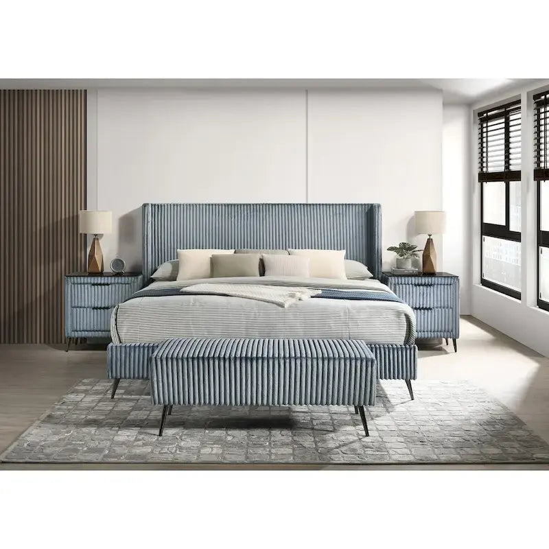Wide Wale Corduroy Upholstery Panel Bed with 2 Nightstands and Bench, Blue