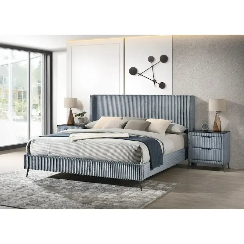 Wide Wale Corduroy Upholstery Panel Bed with 2 Nightstands and Bench, Blue