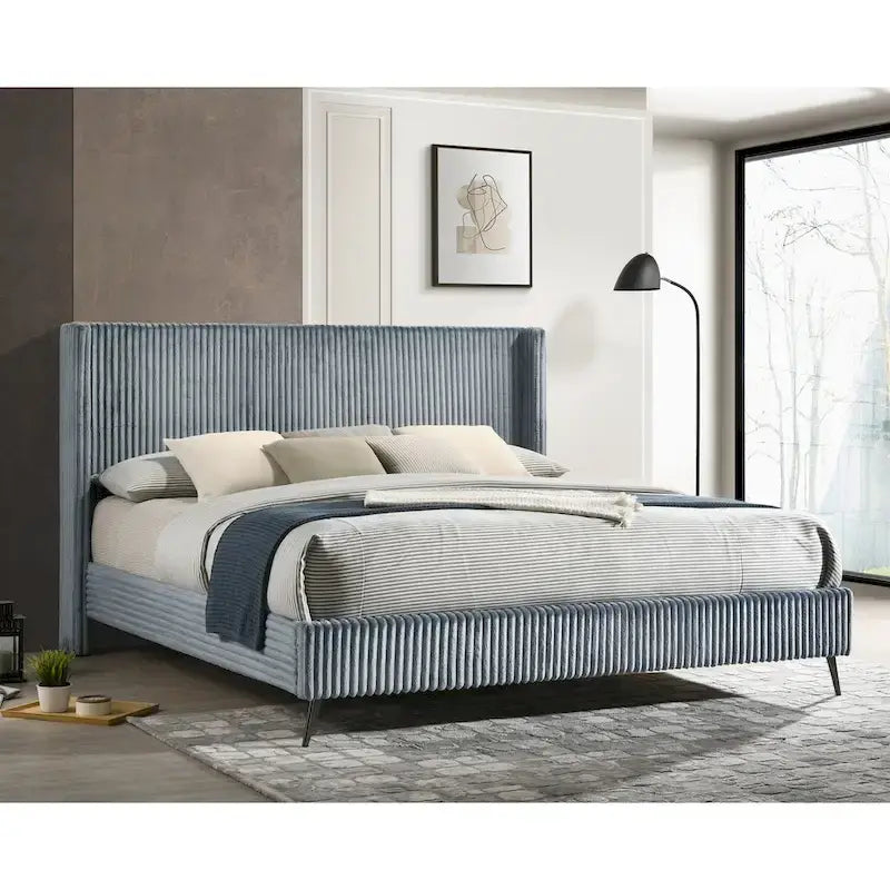 Wide Wale Corduroy Upholstery Panel Bed with 2 Nightstands and Bench, Blue