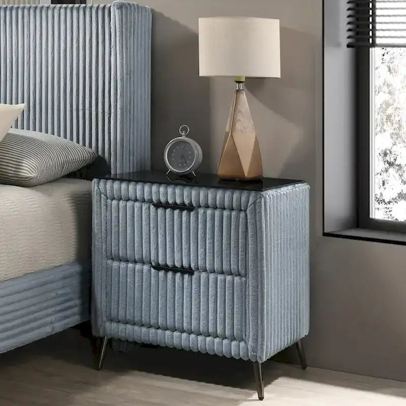 Wide Wale Corduroy Upholstery Panel Bed with 2 Nightstands and Bench, Blue