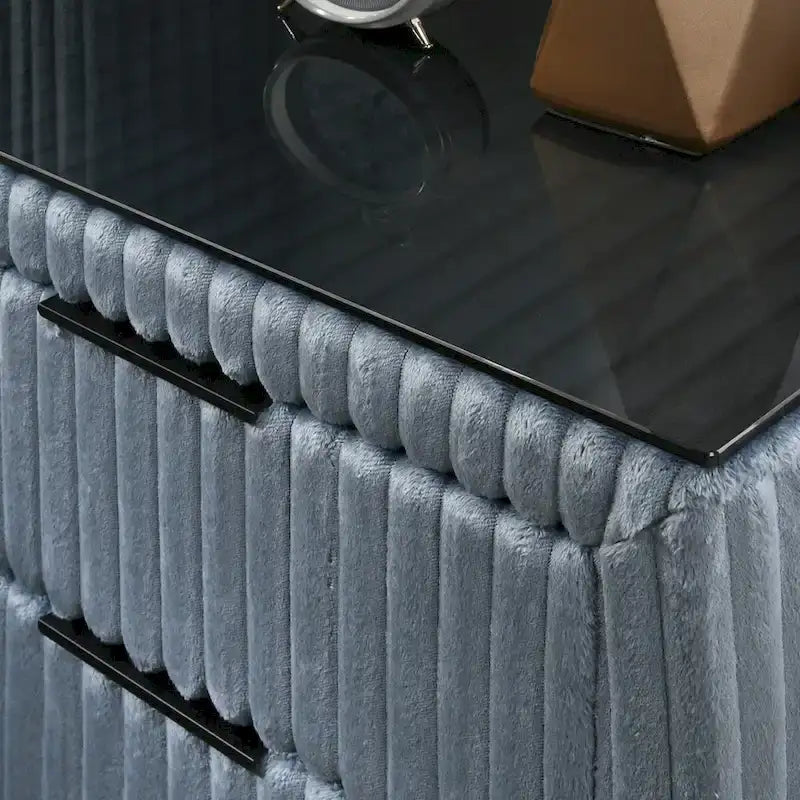 Wide Wale Corduroy Upholstery Panel Bed with 2 Nightstands and Bench, Blue