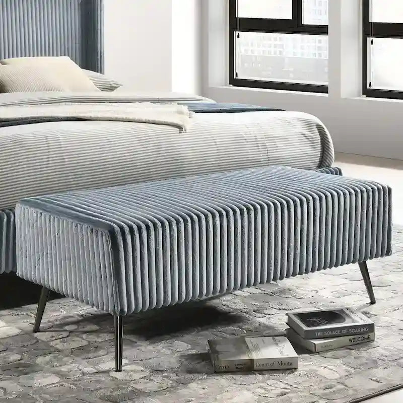 Wide Wale Corduroy Upholstery Panel Bed with 2 Nightstands and Bench, Blue