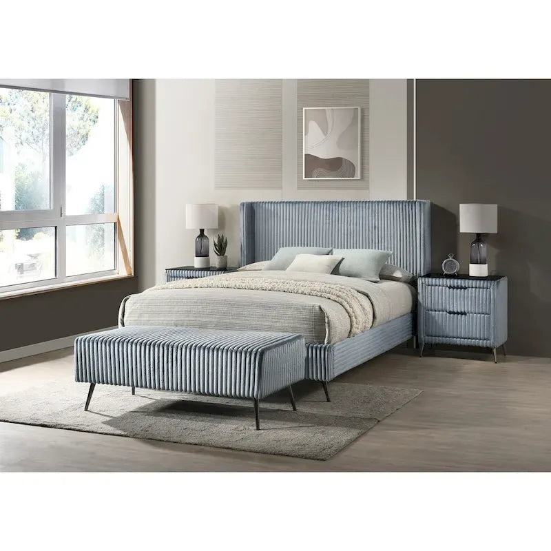 Wide Wale Corduroy Upholstery Panel Bed with 2 Nightstands and Bench, Blue