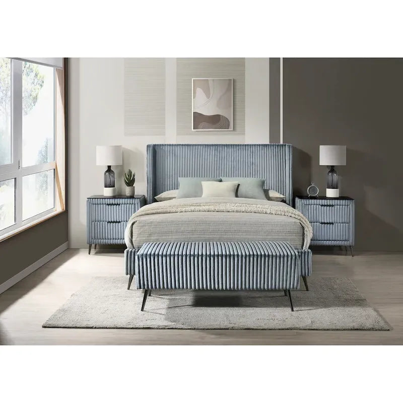 Wide Wale Corduroy Upholstery Panel Bed with 2 Nightstands and Bench, Blue