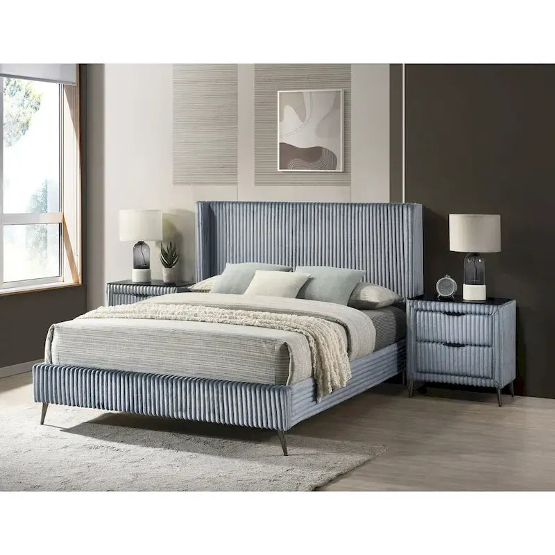 Wide Wale Corduroy Upholstery Panel Bed with 2 Nightstands and Bench, Blue