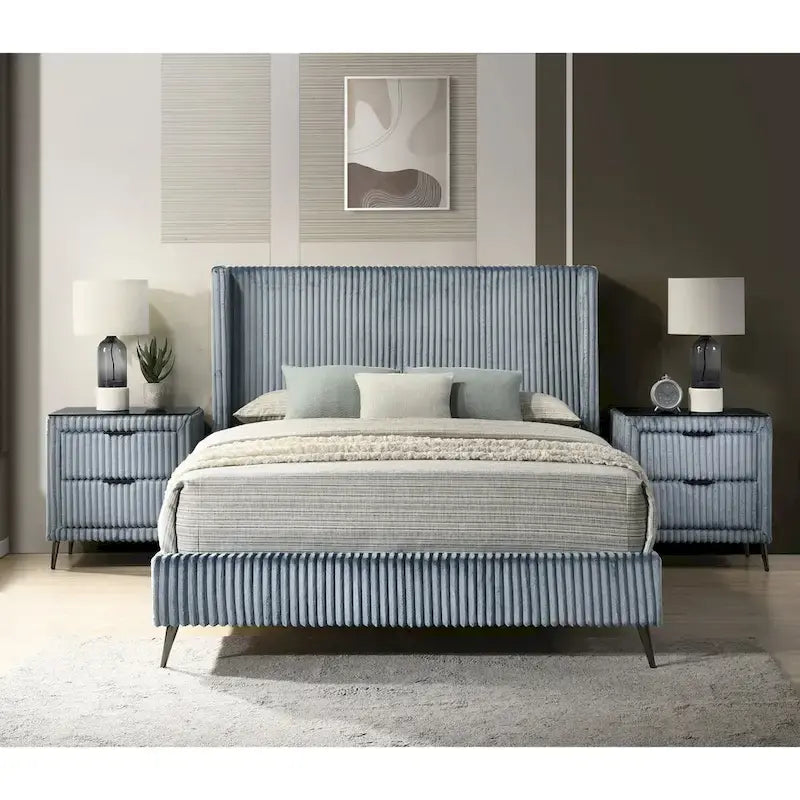 Wide Wale Corduroy Upholstery Panel Bed with 2 Nightstands and Bench, Blue