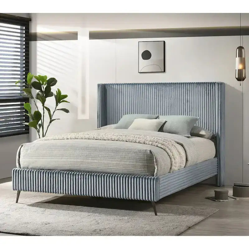 Wide Wale Corduroy Upholstery Panel Bed with 2 Nightstands and Bench, Blue