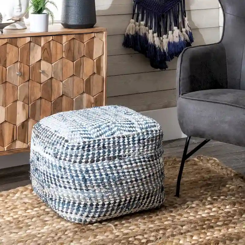 Handmade Denim Textured Ottoman Pouf