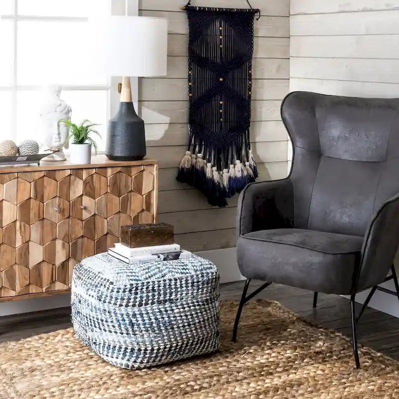 Handmade Denim Textured Ottoman Pouf