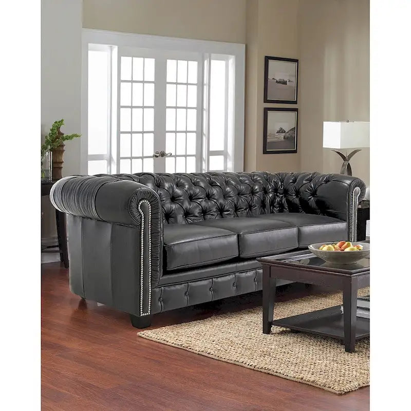 Tufted Black Italian Chesterfield Leather Sofa