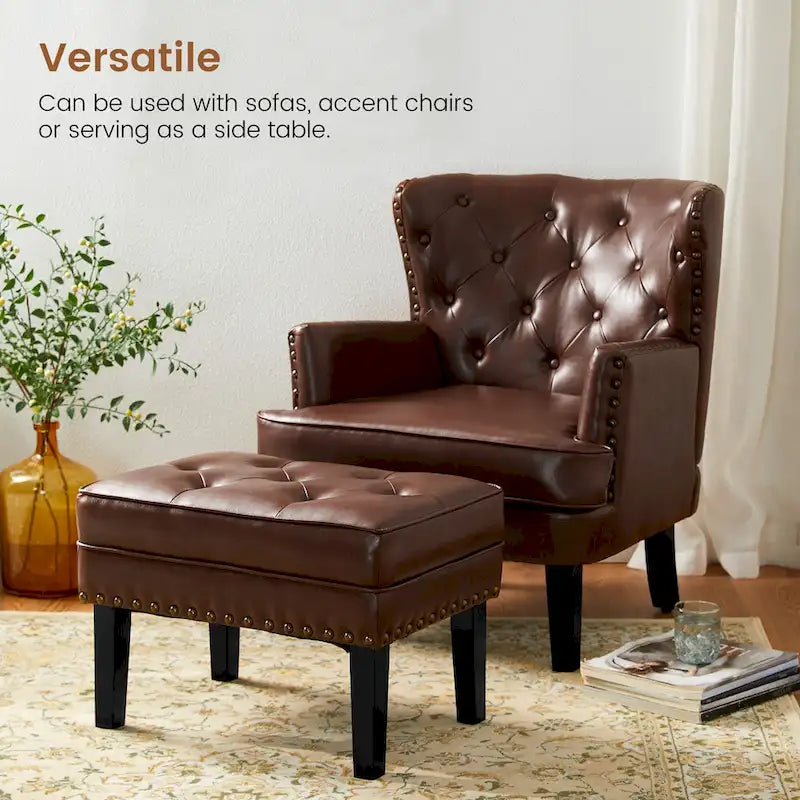 22" Mid-Century PU Leather Tufted Ottoman Foot Stool