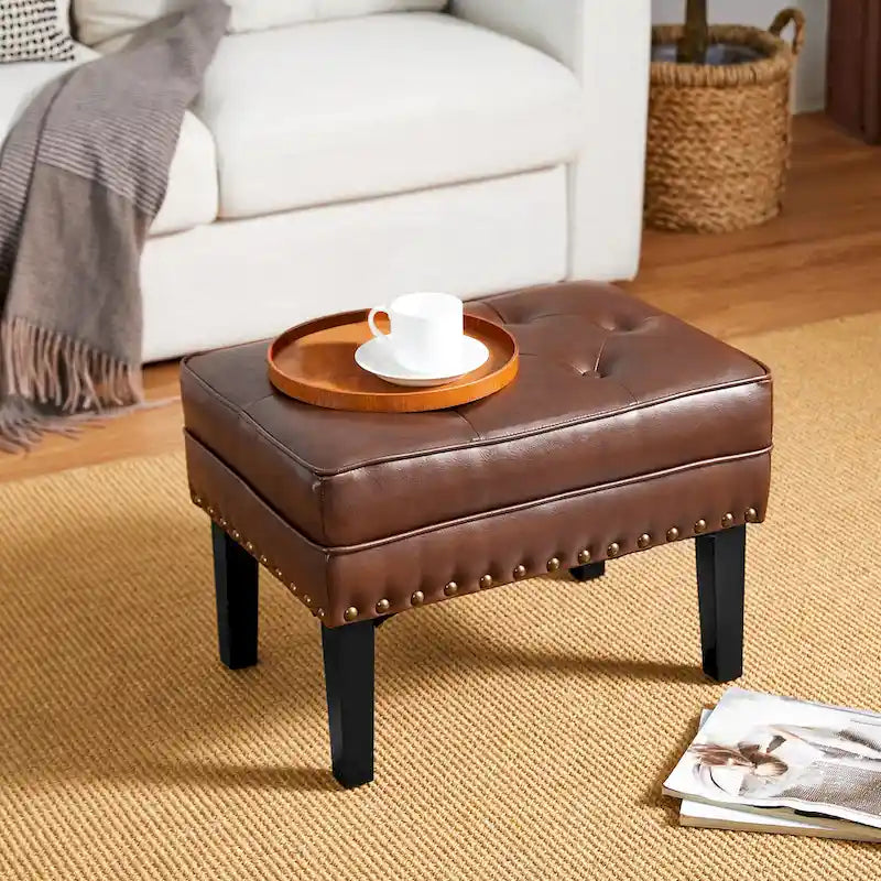 22" Mid-Century PU Leather Tufted Ottoman Foot Stool