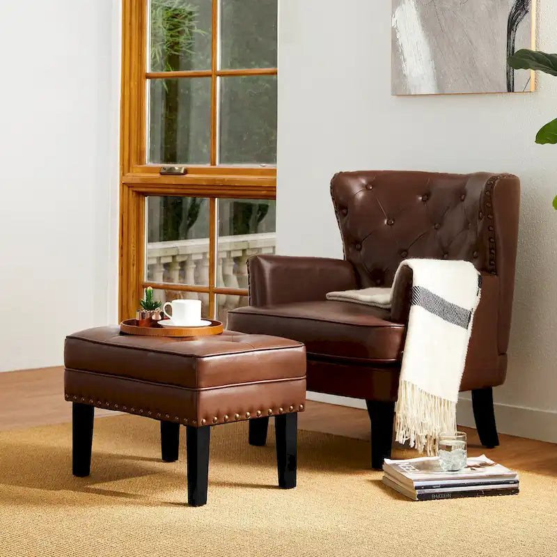 22" Mid-Century PU Leather Tufted Ottoman Foot Stool