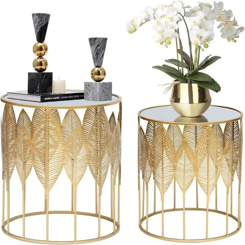 Gold Leaf Accent Nesting Tables - Mirrored Stainless Steel Top