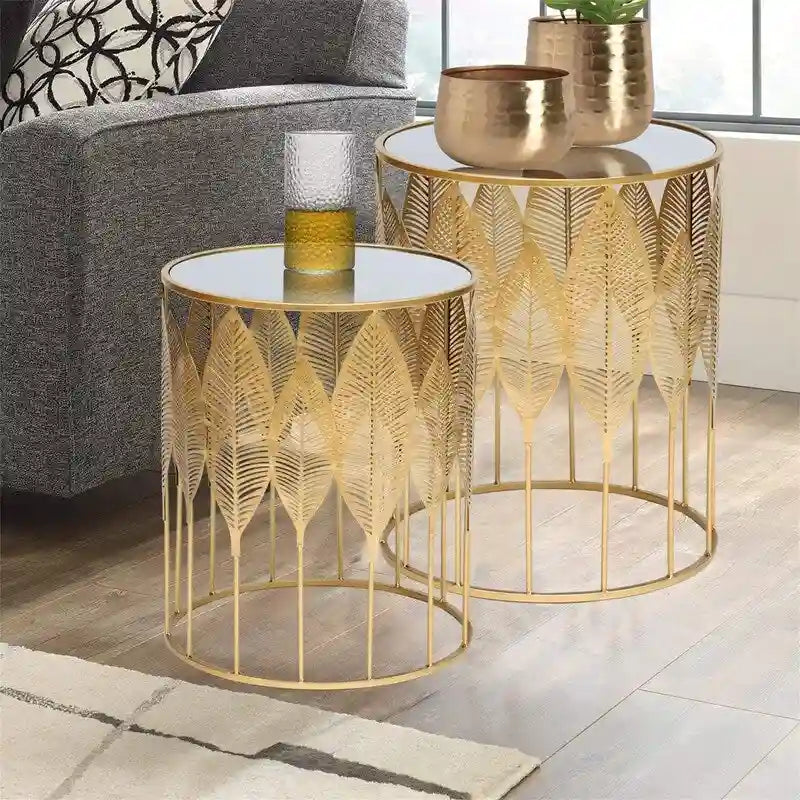 Gold Leaf Accent Nesting Tables - Mirrored Stainless Steel Top